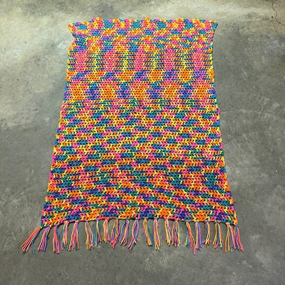 Vintage Crochet Throw Blanket Handmade Granny Funky‎ Bright Neon Rainbow - Picture 2 of 5